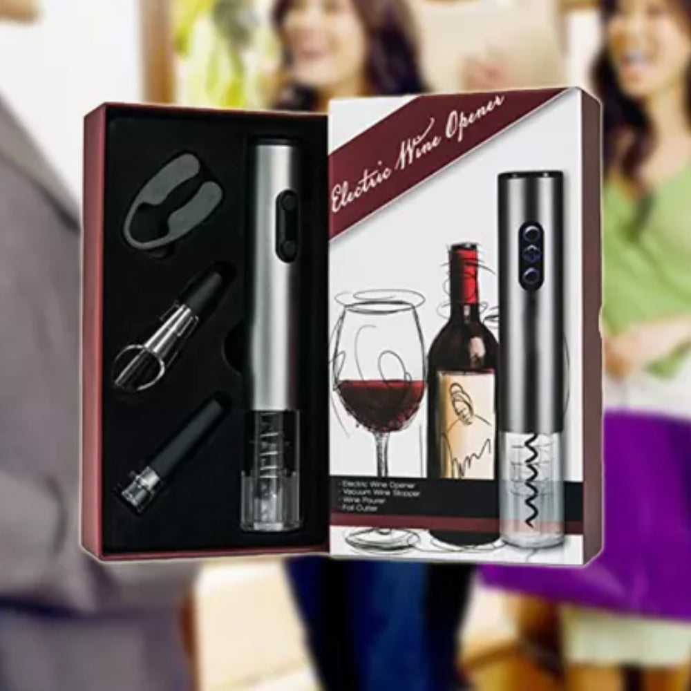 Комплект 4 в 1 за вино, електрически тирбушон, вакуумна тапа, аератор и нож за фолио
