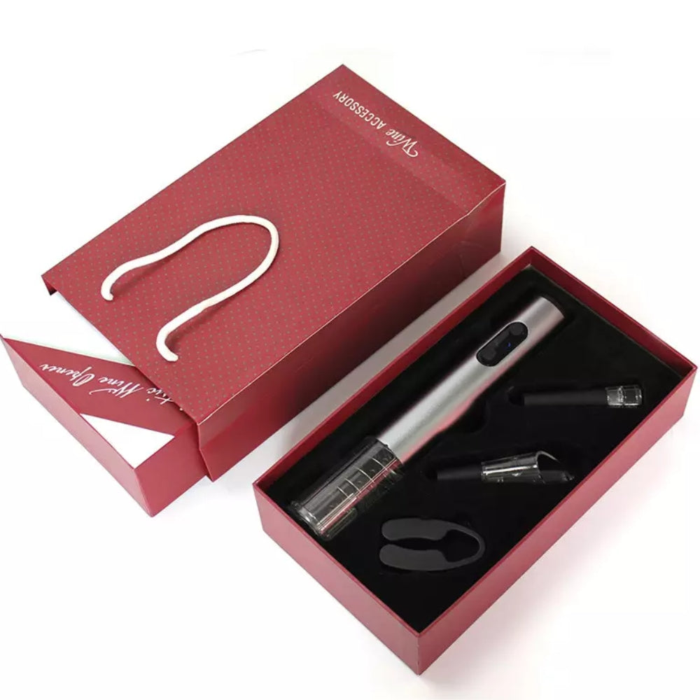 Комплект 4 в 1 за вино, електрически тирбушон, вакуумна тапа, аератор и нож за фолио