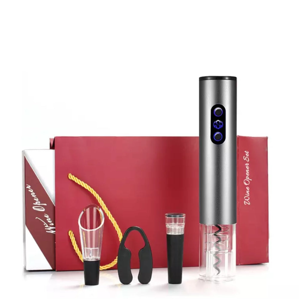 Комплект 4 в 1 за вино, електрически тирбушон, вакуумна тапа, аератор и нож за фолио