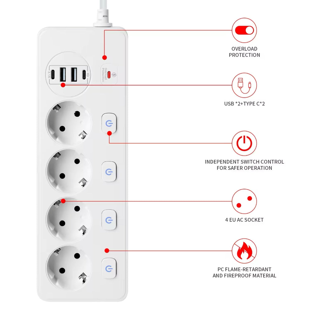 Разклонител със защита от пренапрежение, превключвател, 4 x Шуко, 2 x USB-A, 2 x USB-C