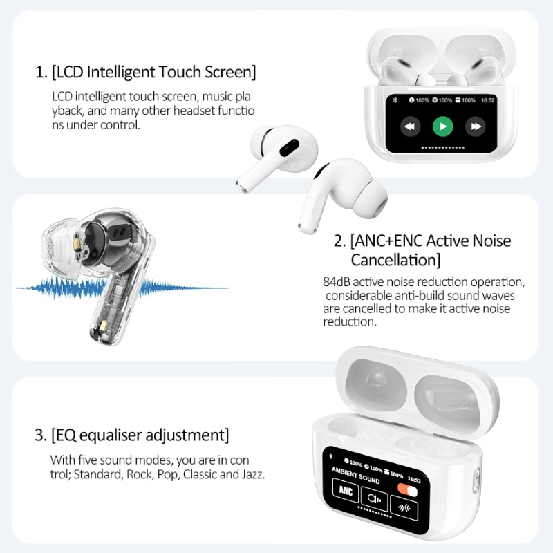TouchPods S10 Pro ANC/ENC безжични Bluetooth слушалки, LCD сензорен екран, активно шумопотискане, интелигентен AI преводач